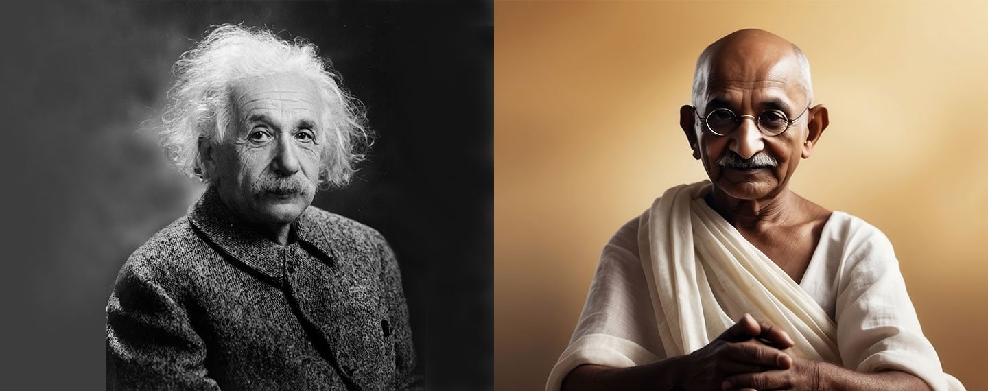 Portrait of Albert Einstein and a man in traditional attire.