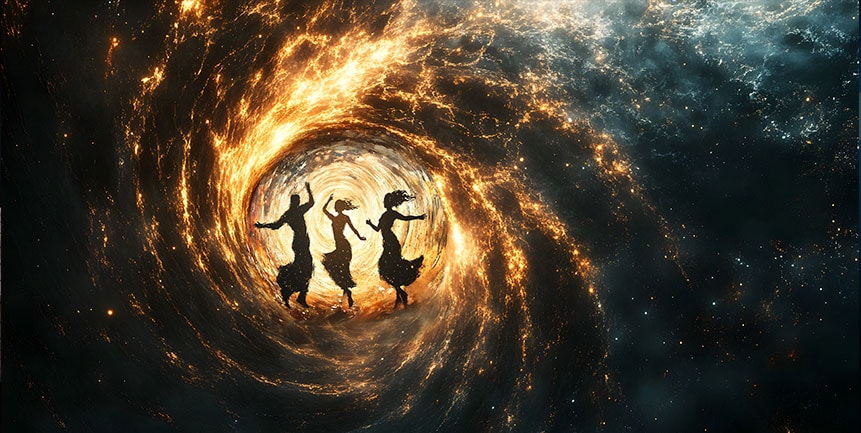 Silhouetted dancers leap inside a fiery cosmic spiral in space.