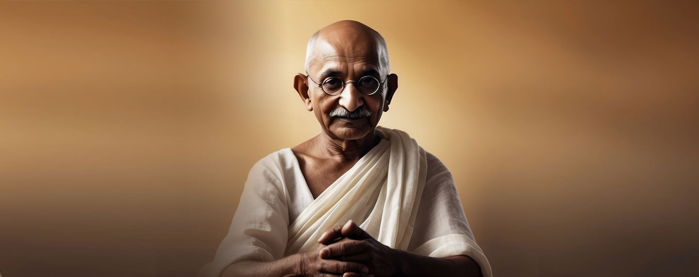 Realistic illustration of Mahatma Gandhi wearing traditional Indian attire, with hands folded in front of him.