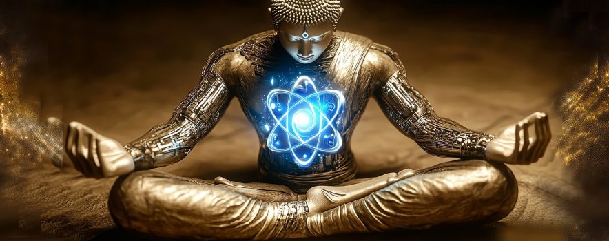 Golden Buddha statue sitting in meditation, with machine-like arms and a glowing atomic symbol emanating from is torso.