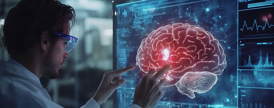 Hands interact with a digital brain scan on a transparent screen.